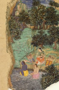 Rama e Lakshmana oferecendo água ao seu pai morto nas margens do rio Mandakini, c.1595 de Mughal School
