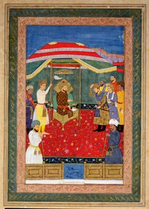 O imperador mogol Babur (1526-30) sentado em um trono recebendo um príncipe, Johnson Album I, nº 3 numerado 65 de Mughal School