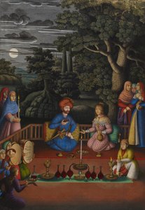 Episódio da história da princesa indiana: A visita do Rei Turktazī ao jardim mágico de Turktaz, Rainha das Fadas, MS OR.2265, f.221v de Muhammad Zaman