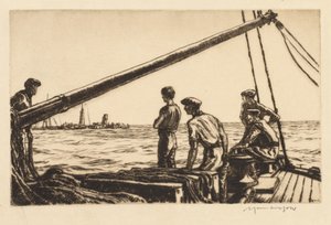 Homens de salvamento aproximam-se de um navio torpedeado de Muirhead Bone