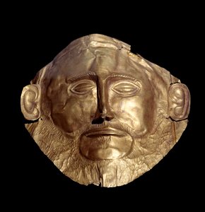 Máscara funerária em ouro micénico (de micenas) conhecida como "Máscara de Agamémnon".