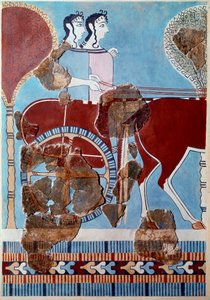 Arte micénica: casal em um tanque. Fragmento de fresco do palácio de Tirynthe e reconstituição de Mycenaean