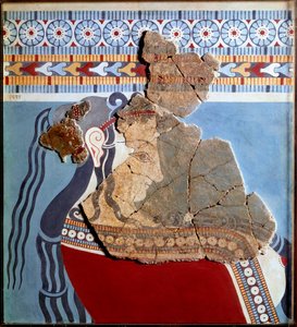Arte micénica: busto feminino. Fragmento de fresco do palácio de Tirynthe e reconstituição de Mycenaean
