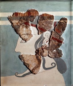 Arte micénica: cabeça feminina. Fragmento de fresco do palácio de Tirynthe de Mycenaean