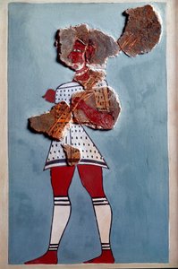 Arte micénica: guerreira. Fragmento de fresco do palácio de Tirynthe e reconstituição de Mycenaean
