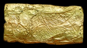 Cobertura em folha de ouro para placa em forma de vaso de vidro de Mycenaean