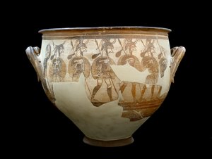 Civilização micénica: cratera chamada Warriors - Do círculo de túmulos A a Mycenes. Século XII a.C. - Atenienses, museu arqueológico nacional - Arte micénica: Cratera dos Guerreiros - Jarra de Terracota encontrada em Micenas