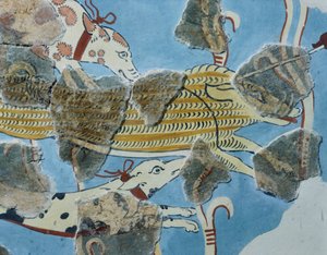 Fresco do Palácio Tirinto (Grécia). Detalhe: grupo de cães a atacar um javali selvagem. Civilização micénica de Mycenean