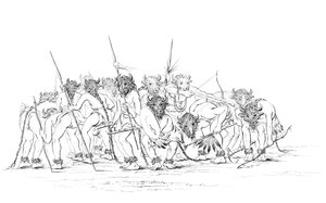 Caçadores de nativos americanos dançando com máscaras de búfalo, 1841.