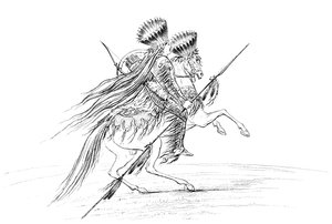 Homem nativo americano com armas e touca, montando um cavalo, 1841. de Myers and Co