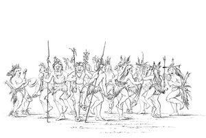 A tribo Sioux realizando uma dança de mendigo, 1841.