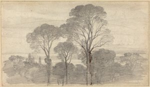 Uma paisagem ao entardecer com árvores altas de Myles Birket Foster
