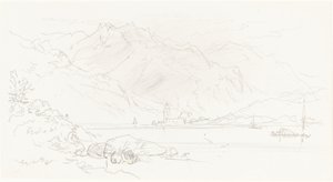 Lago em uma paisagem montanhosa de Myles Birket Foster