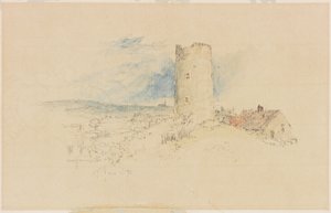 Antigo moinho de vento em Windmill Hills, Gateshead (lápis e aquarela em papel (colado a bordo)) de Myles Birket Foster