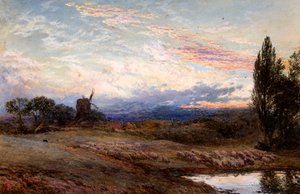 Ovelhas a dar de beber ao pôr do sol (aguarela) de Myles Birket Foster
