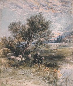 O Angler (aguarela com corpinho no papel) de Myles Birket Foster