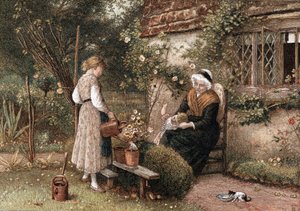 Juventude e idade. Cromolitografia segundo pintura de Myles Birkett Foster (1825-1899), artista inglês, publicada em Londres em 1866. Avó com touca de renda sentada no jardim de uma casa de campo com dois netos. A rapariga usa um regador para regar uma pla de Myles Birket Foster