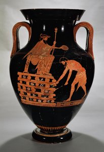 Ânfora de barriga de figura vermelha ática representando Creso em sua pira, de Vulci, c.500-490 aC (cerâmica)
