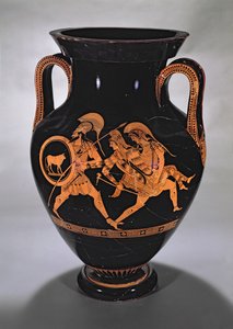 Ânfora de barriga de figura vermelha no ático representando o rapto de Antiope com Teseu e Pirithous, c.500-490 aC (cerâmica) de Myson