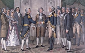 O Primeiro Encontro do General George Washington (1732-99) e do Marquês de La Fayette (1757-1834) Filadélfia, 3 de Agosto de 1777, publicado em 1876 (cor litho) de N. and Ives J.M. (after) Currier