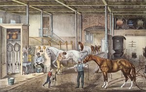 Modelo de estábulo onde os rapazes e os tratadores tratam realmente dos cavalos, gravura do livro "America" de Currier e Yves 1870 de N. and Ives J.M. (1824 95) Currier