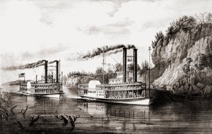 Barcos a vapor correndo no rio Mississippi, EUA. de N. and Ives J.M. Currier