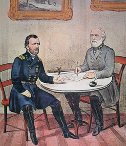 O General Robert E. Lee (1807-70) rende-se ao General Ulysses S. Grant (1822-85) no Appomattox Courthouse, 9 de Abril de 1865 (cor litho)