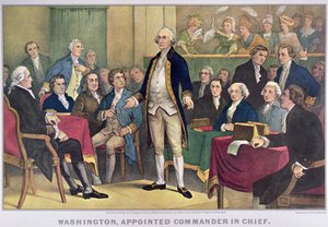 George Washington (1732-99) Nomeado Comandante-em-Chefe, publicado em 1876 (cor litho) de Currier and Ives