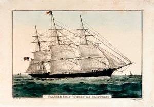 Litografia intitulada "Navio Clipper "Queen of Clippers" 1853 por N Currier