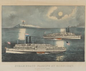 Barcos a vapor que passam à meia-noite em Long Island Sound de Currier and Ives
