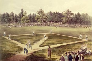 O jogo nacional americano do basebol - fósforo grande em campos de Elysian, Hoboken, NJ, 1866 (veja igualmente 159490) de N. and Ives, J.M. Currier