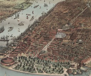 A cidade de Nova York (detalhe), 1883 de N. and Ives, J.M. Currier