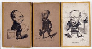 3 Retratos - carga (carga de retrato): Francois Pierre Guillaume Guizot (1787-1874), historiador e político francês, Charles Jean-Baptiste (Jean Baptiste) Jacquot dit Eugene de Mirecourt (1812-1880), jornalista e escritor francês, e Pierre-Joseph Proudhon de Nadar