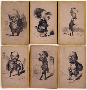 6 Retratos de Carga: Pierre Jean de Beranger (1780-1857), compositor francês, Alexandre Dumas fils (1824-1895), Louis Adrien Huart (1813-1865), jornalista, escritor e diretor de teatro francês, Gerard de Nerval (1808-1855), escritor francês, Charles Mathar de Nadar