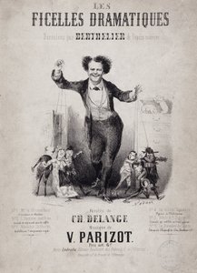 Retrato de Jean Berthelier (1830-1888) segurando os filhos de bonecos. Álbum "Les Ficelles Dramatiques deroulees de Berthelier de l