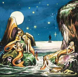 Peter and the Mermaids, ilustração de "Peter Pan" de J.M. Barrie (guache sobre papel)