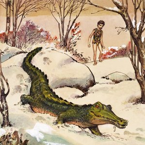 Peter segue o crocodilo, ilustração de "Peter Pan" de J.M. Barrie (guache sobre papel)