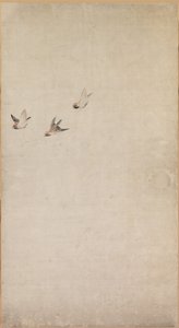 Filhotes de cachorro, pardais e crisântemos de Nagasawa Rosetsu