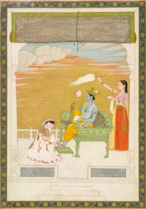 Lakshmi massageando o pé de Vishnu, ca. 1765-1770. Criadores: Nainsukh, Manju. de Nainsukh Manju