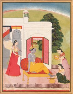 Pés de Krishna lavados por empregadas domésticas, Punjab Hills, Basohli, c.1780