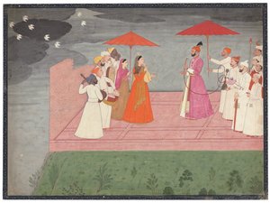 Músicos tocando uma raga para Balwant Dev Singh durante a estação chuvosa, c.1745-50