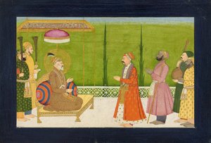 O poeta Sundar Das diante do imperador Shah Jahan, fólio de um <em>Sundar Shringar</em>