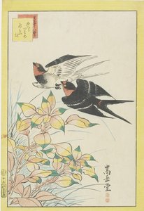 Homing Andorinhas e Folhas Vermelhas, 1859 (xilogravura a cores) de Nakayama Sugakudo