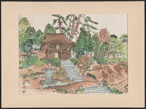 De Matsunodera tempel
Templo de Aobayama Matsuodera (título sobre o objecto)
Houtsnedes van heilige Kannon tempels (título da série)
Impressões Wooblock dos templos sagrados de Kannon (título da série sobre o objecto)
Mokuhanga Kannon reijô sen (título