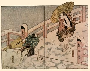 Homens descalços com guarda-sóis na neve, 1811, 1924. de Naniwa Shunkosai