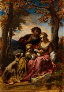 Figuras e um cachorro em uma paisagem, 1852. de Narcisse Virgile Diaz de la Peña