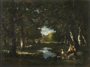 Homem e Cão Descansando na Glade da Floresta (óleo sobre tela) de Narcisse Virgile Diaz de la Peña