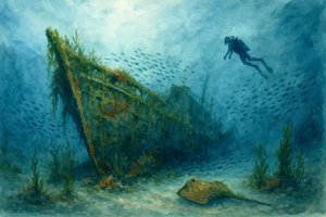 Mergulhador a explorar um naufrágio de Natalie Bruns