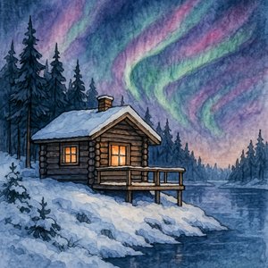 Cabana na neve e aurora boreal de Natalie Bruns