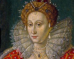 Pormenor da pintura a óleo em miniatura do retrato da Rainha Isabel I de Inglaterra e da Irlanda de Nathan Benn